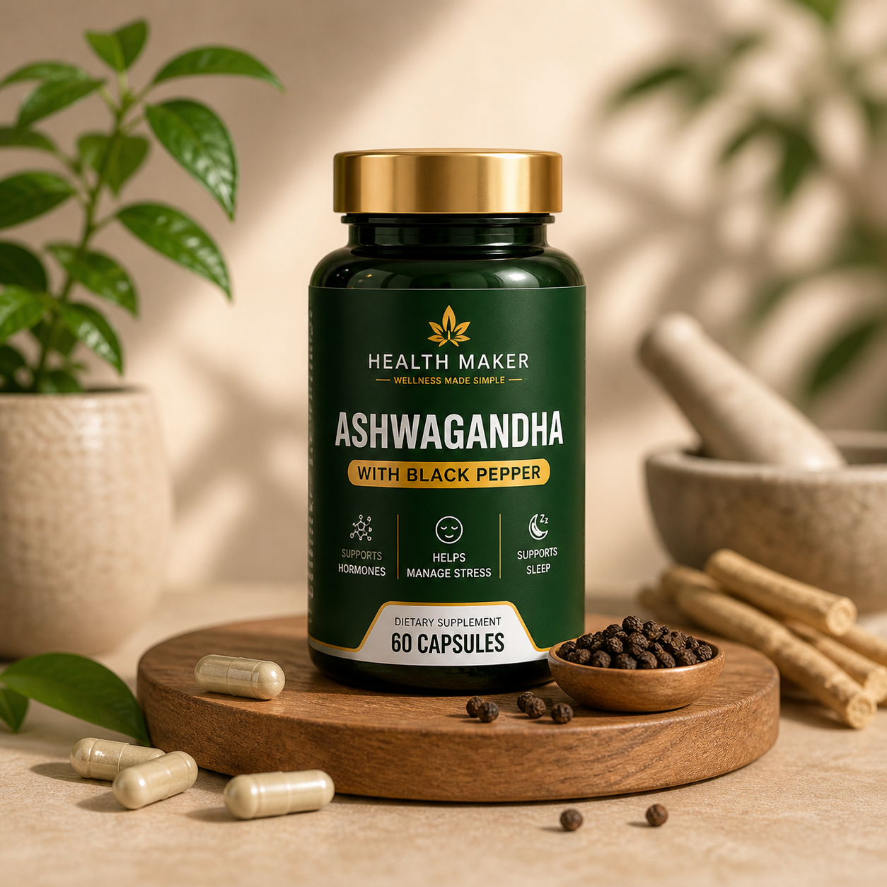 Health Maker Ashwagandha plus Black Pepper supplement bottle with 60 capsules, 1300mg organic Ashwagandha root for stress relief and hormone support