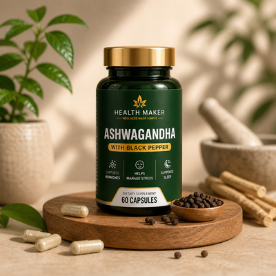 Health Maker Ashwagandha plus Black Pepper supplement bottle with 60 capsules, 1300mg organic Ashwagandha root for stress relief and hormone support