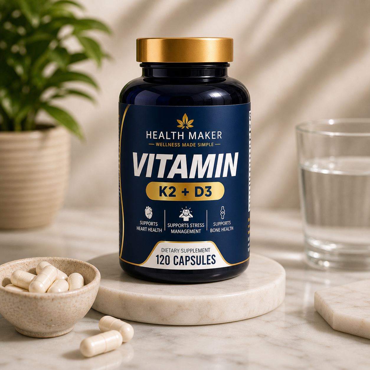 Health Maker Vitamin K2 plus D3 bottle with 120 capsules, 125mcg D3 with K2 MK-7, Calcium and BioPerine for heart, bone and immunity support