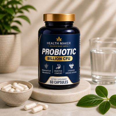 Health Maker Probiotic 40 Billion CFU bottle with 60 capsules, four clinically studied strains with MAKTREK Bi-Pass Technology for gut and immune health