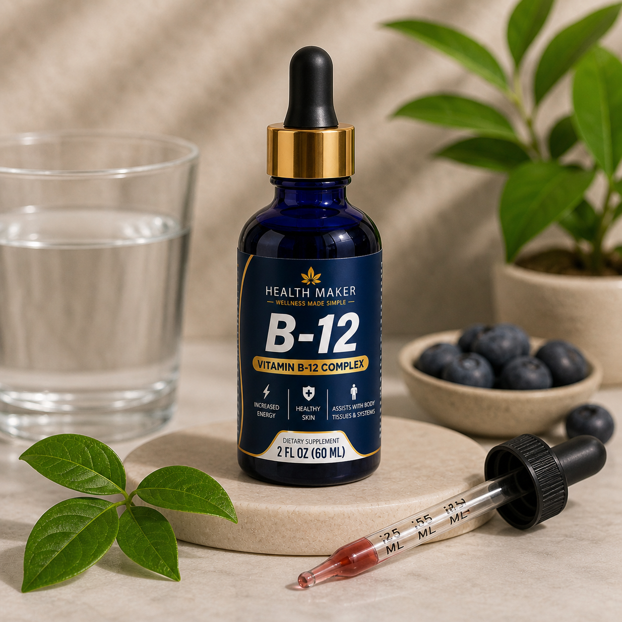 Health Maker Vitamin B-12 Complex Liquid Drops, 2 fl oz bottle with 60 servings, 1200mcg B12 plus full B-vitamin complex for energy support
