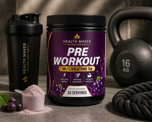 Health Maker Pre-Workout plus 5g Creatine Grape flavor, 30 servings, with 350mg caffeine, L-Citrulline and Alpha GPC for strength and endurance