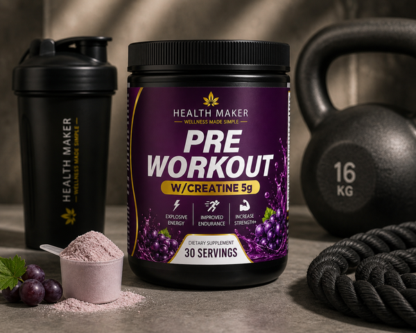 Health Maker Pre-Workout plus 5g Creatine Grape flavor, 30 servings, with 350mg caffeine, L-Citrulline and Alpha GPC for strength and endurance