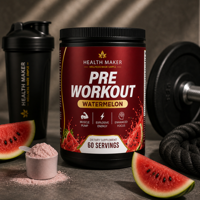 Health Maker Pre-Workout supplement Watermelon flavor, 60 servings, with 175mg caffeine, Beta Alanine and B-vitamin complex for energy and focus