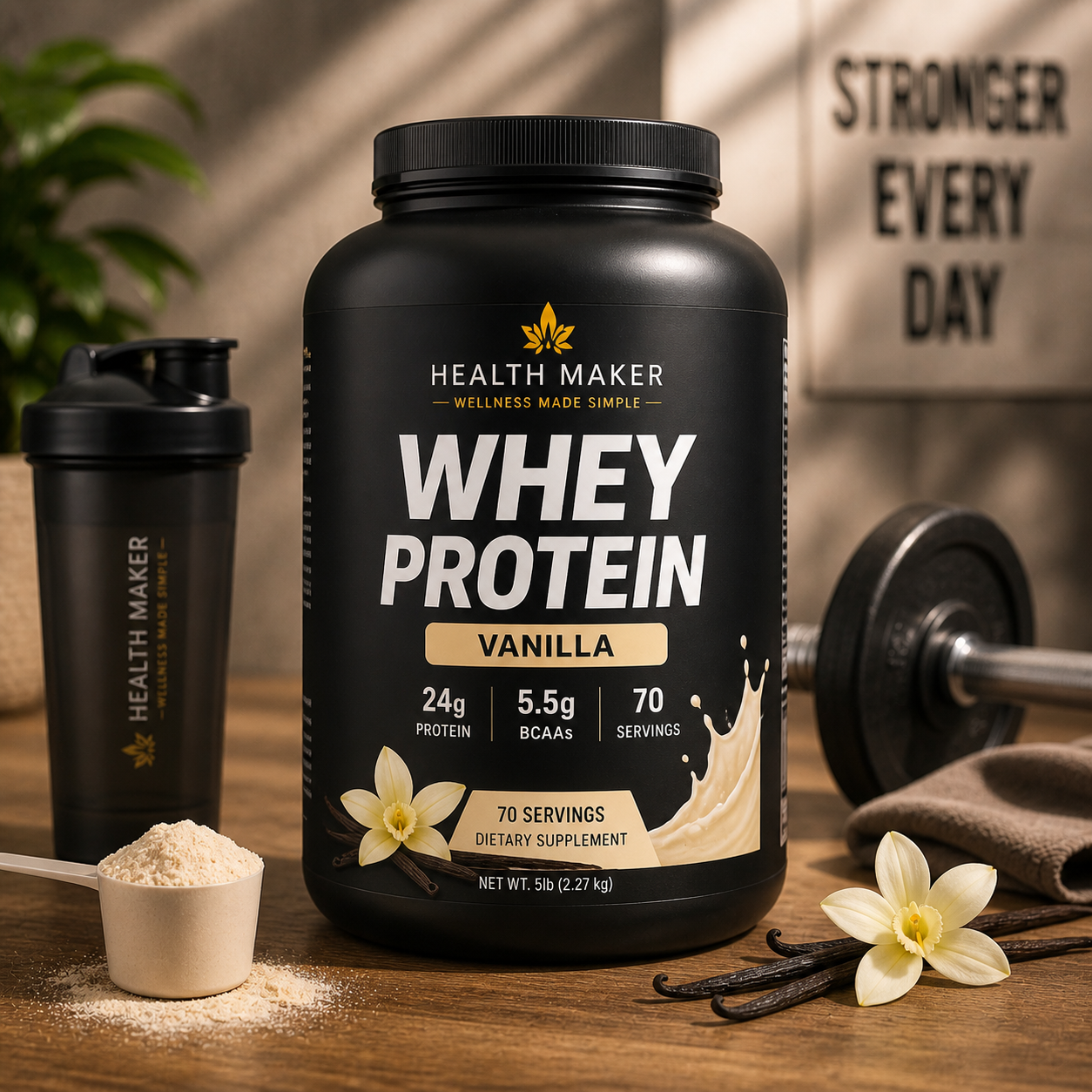 Health Maker Whey Protein Vanilla flavor, 5 lb container with 70 servings, 24g protein per serving, GMP certified, made in USA