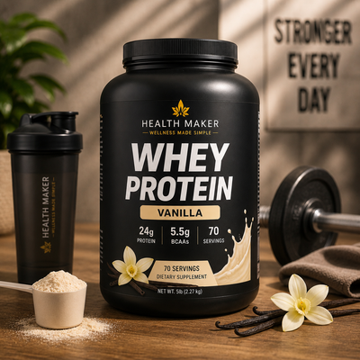 Health Maker Whey Protein Vanilla flavor, 5 lb container with 70 servings, 24g protein per serving, GMP certified, made in USA