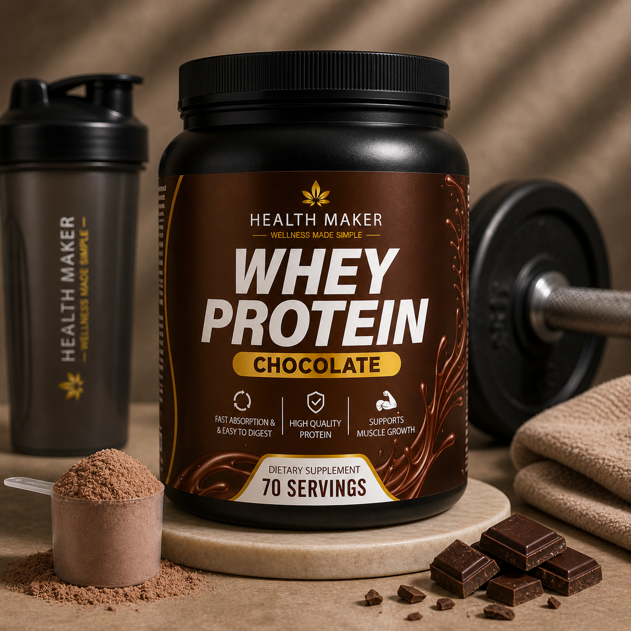 Health Maker Whey Protein Chocolate flavor, 5 lb container with 70 servings, 24g protein per serving, GMP certified, made in USA