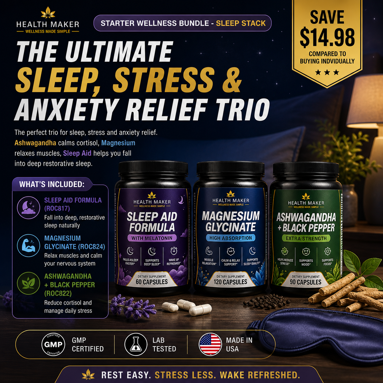 Health Maker Sleep Stack three-bottle bundle showing all included supplements