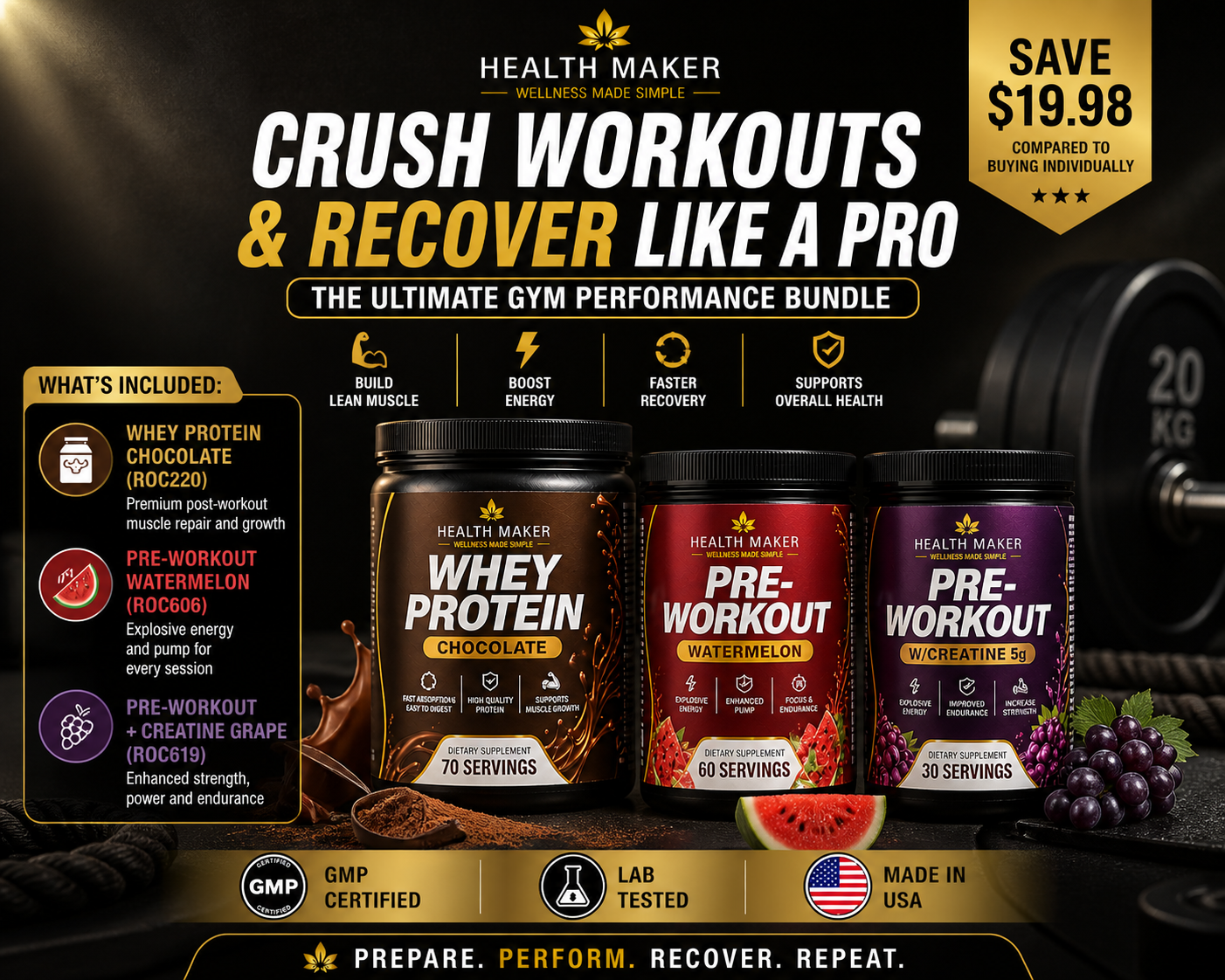 Gym Performance Bundle alternate angle showing Whey Protein and Pre-Workout containers