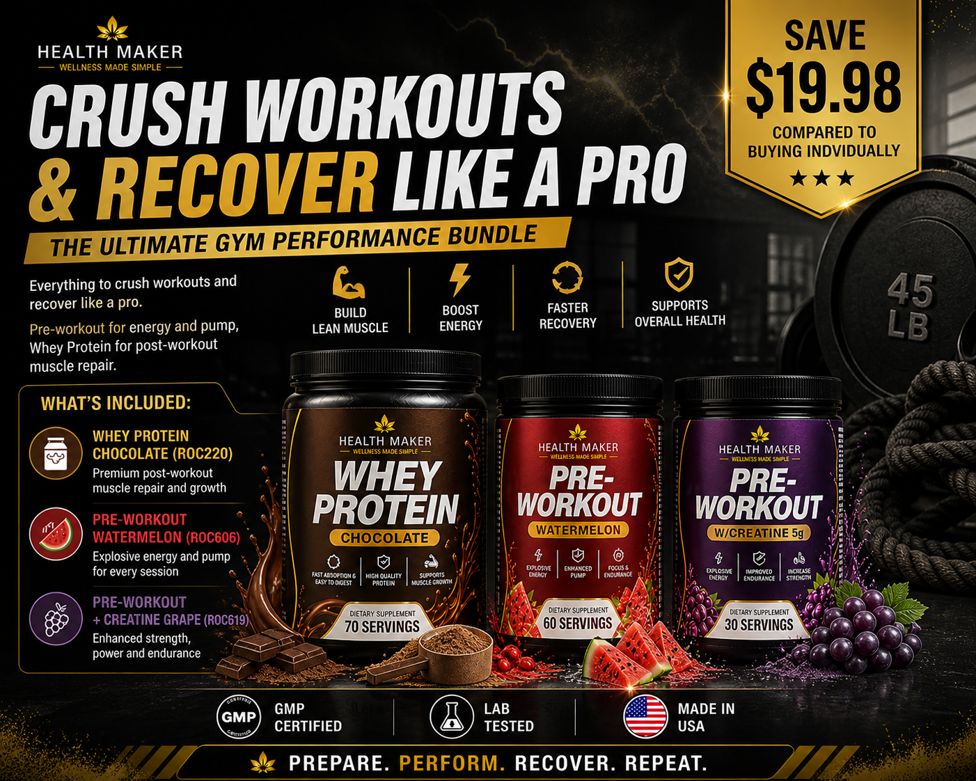 Gym Performance Bundle featuring Whey Protein Chocolate, Pre-Workout Watermelon and Pre-Workout plus Creatine Grape containers for workouts and muscle recovery