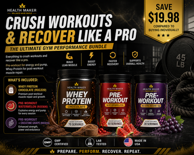 Gym Performance Bundle featuring Whey Protein Chocolate, Pre-Workout Watermelon and Pre-Workout plus Creatine Grape containers for workouts and muscle recovery