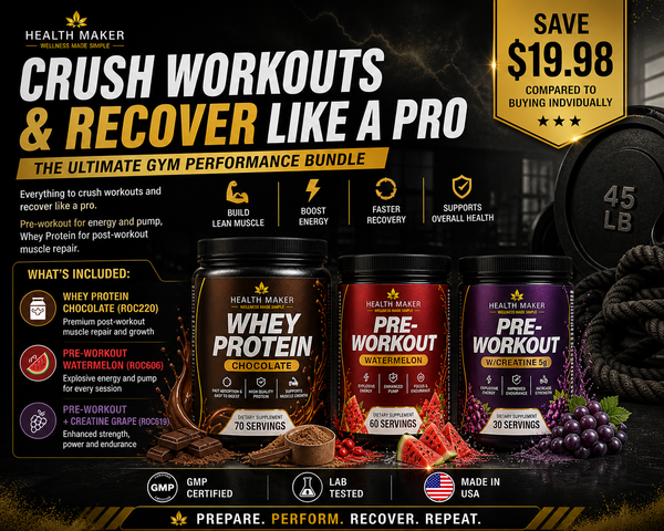 Gym Performance Bundle featuring Whey Protein Chocolate, Pre-Workout Watermelon and Pre-Workout plus Creatine Grape containers for workouts and muscle recovery