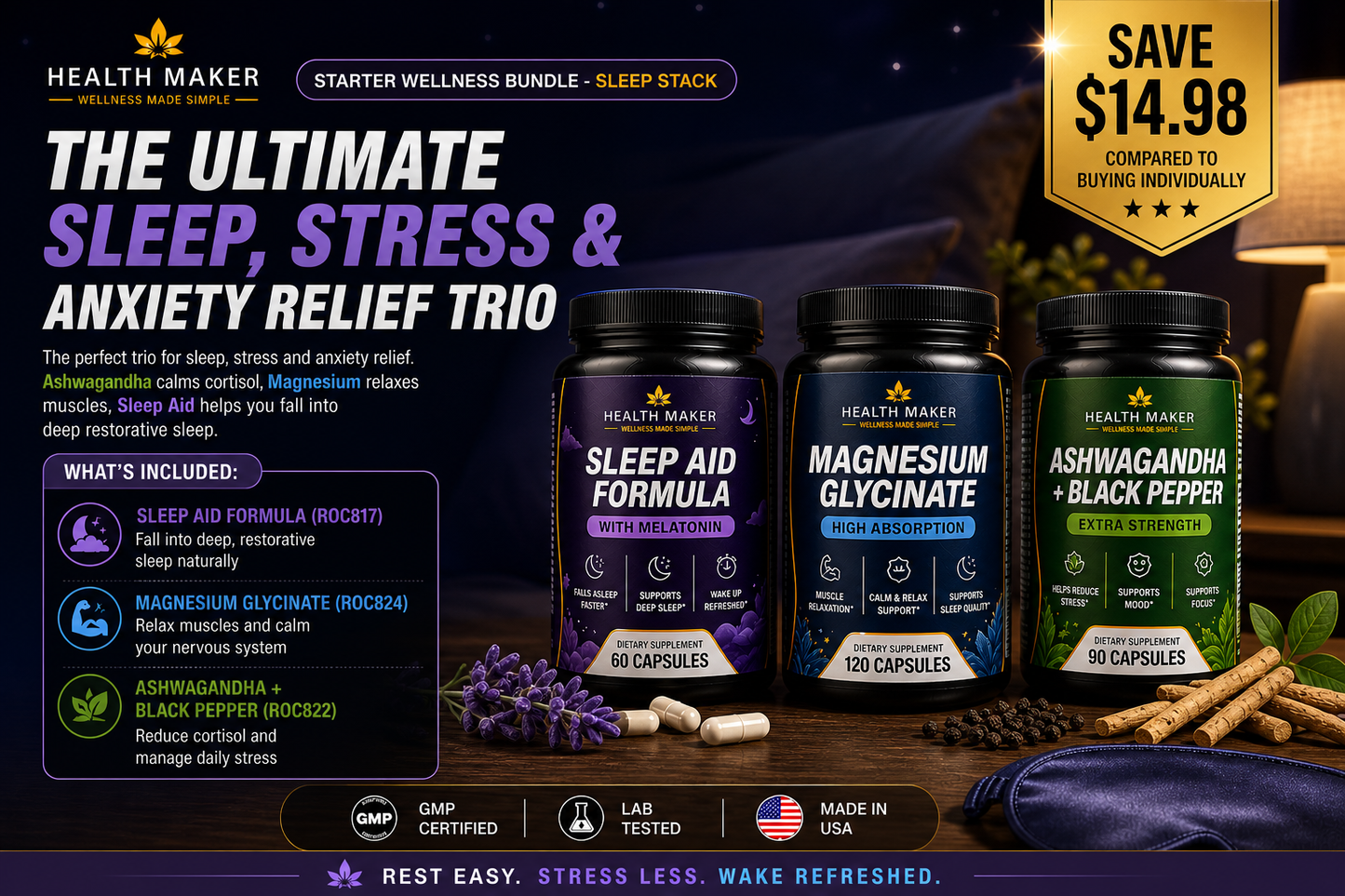 Sleep & Stress Support Trio featuring Sleep Aid, Magnesium Glycinate and Ashwagandha bottles for sleep and stress support