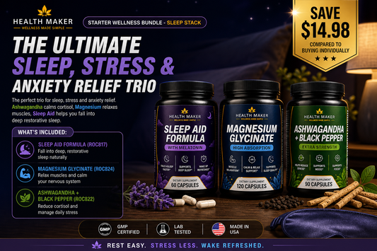 Starter Wellness Sleep Stack Bundle featuring Sleep Aid, Magnesium Glycinate and Ashwagandha bottles for sleep, stress and anxiety relief