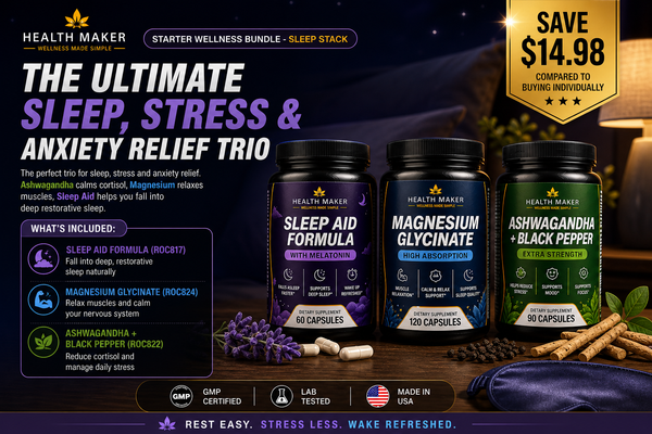 Starter Wellness Sleep Stack Bundle featuring Sleep Aid, Magnesium Glycinate and Ashwagandha bottles for sleep, stress and anxiety relief