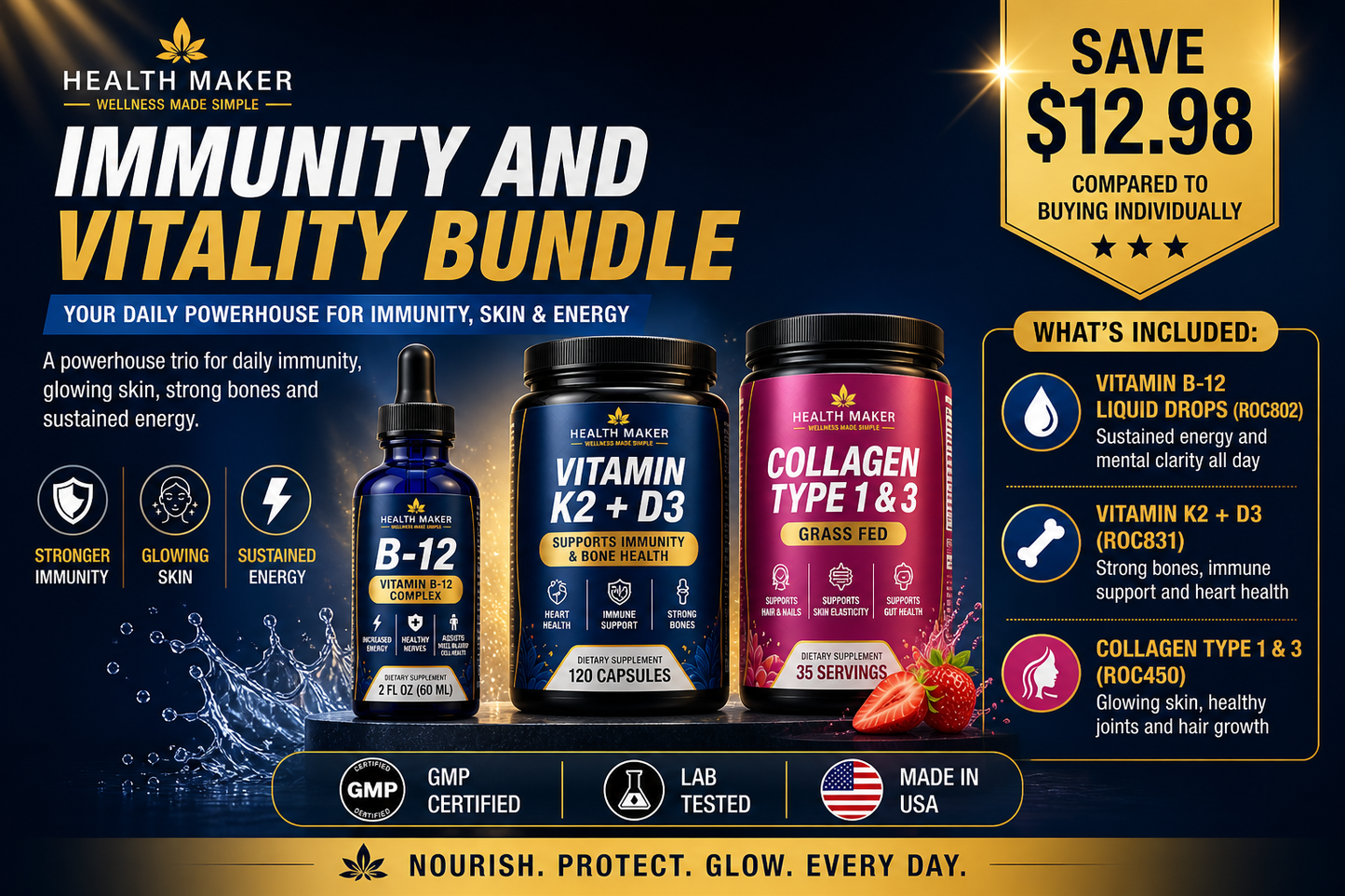 Immunity and Vitality Bundle alternate view showing B-12, K2 plus D3 and Collagen containers