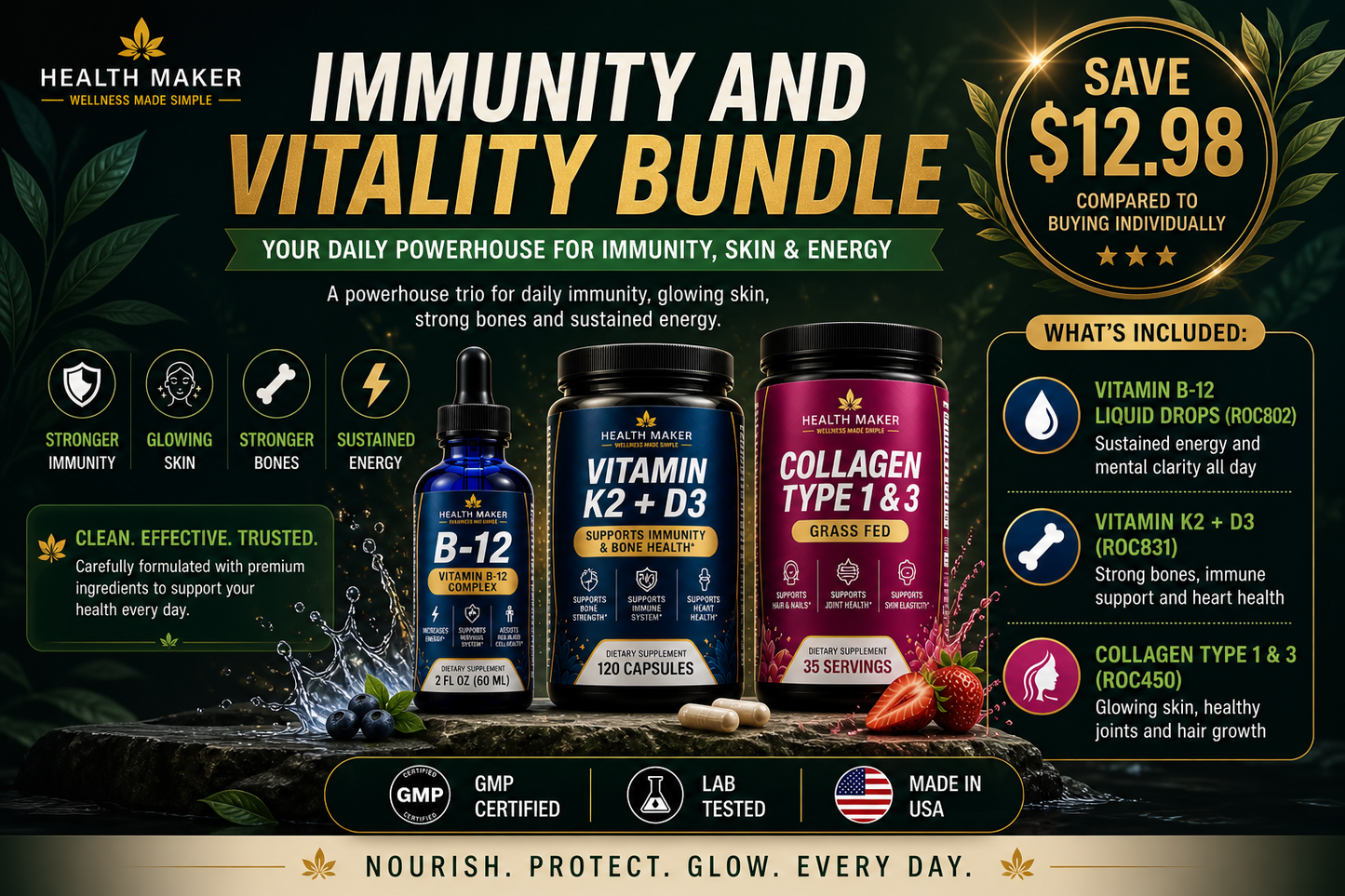 Immunity and Vitality Bundle featuring Vitamin B-12 drops, Vitamin K2 plus D3 and Collagen for immunity, energy and skin health