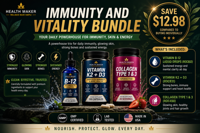 Immunity and Vitality Bundle featuring Vitamin B-12 drops, Vitamin K2 plus D3 and Collagen for immunity, energy and skin health