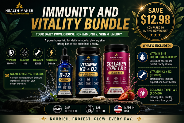 Immunity and Vitality Bundle featuring Vitamin B-12 drops, Vitamin K2 plus D3 and Collagen for immunity, energy and skin health