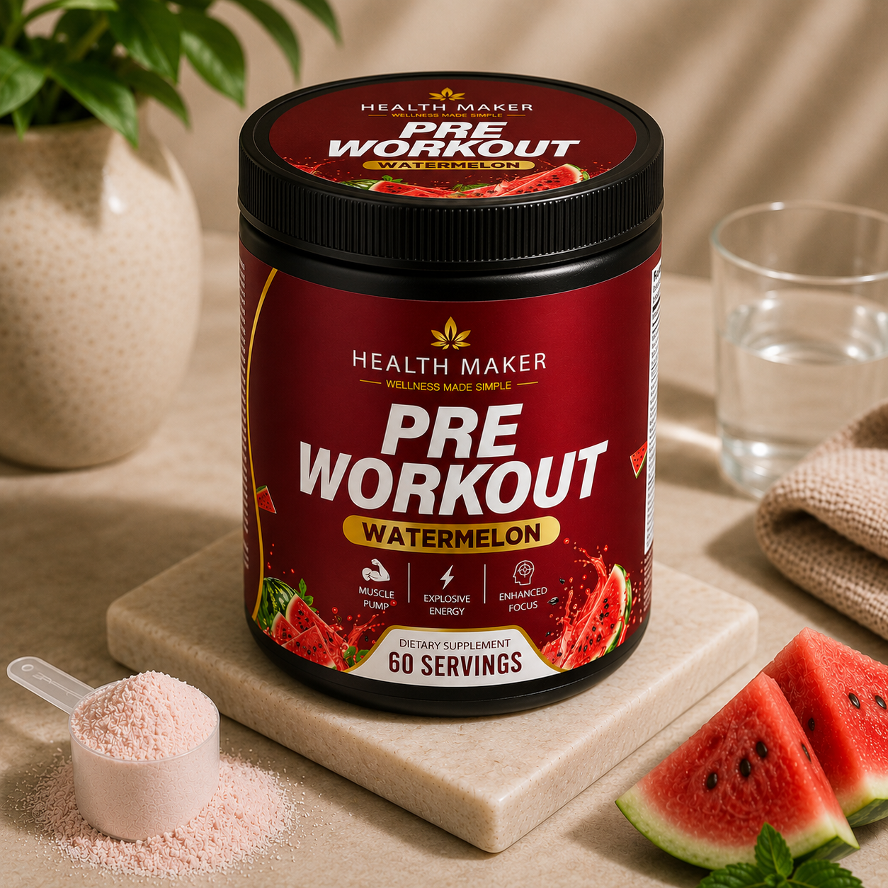 Health Maker Pre-Workout Watermelon supplement facts and label detail