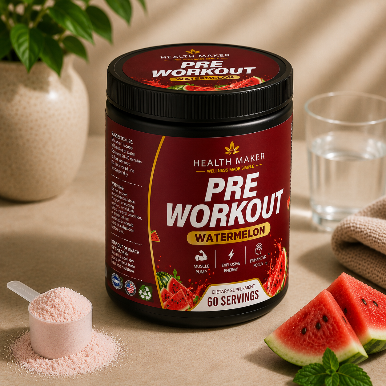 Health Maker Pre-Workout Watermelon 175mg caffeine formula, product view