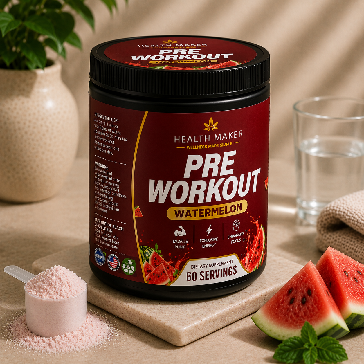 Health Maker Pre-Workout Watermelon for energy and focus, alternate angle