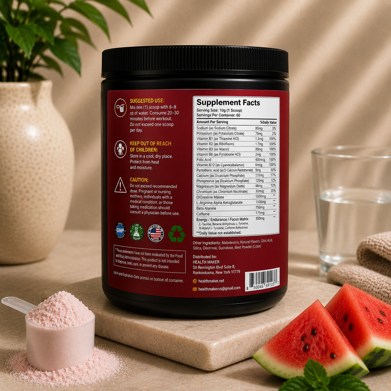 Health Maker Pre-Workout Watermelon with beta-alanine and B vitamins, product image