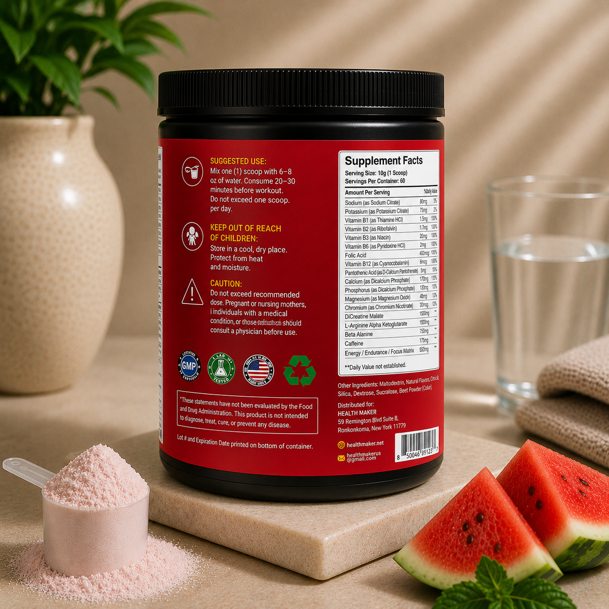 Health Maker Pre-Workout Watermelon GMP certified made in USA, product photo