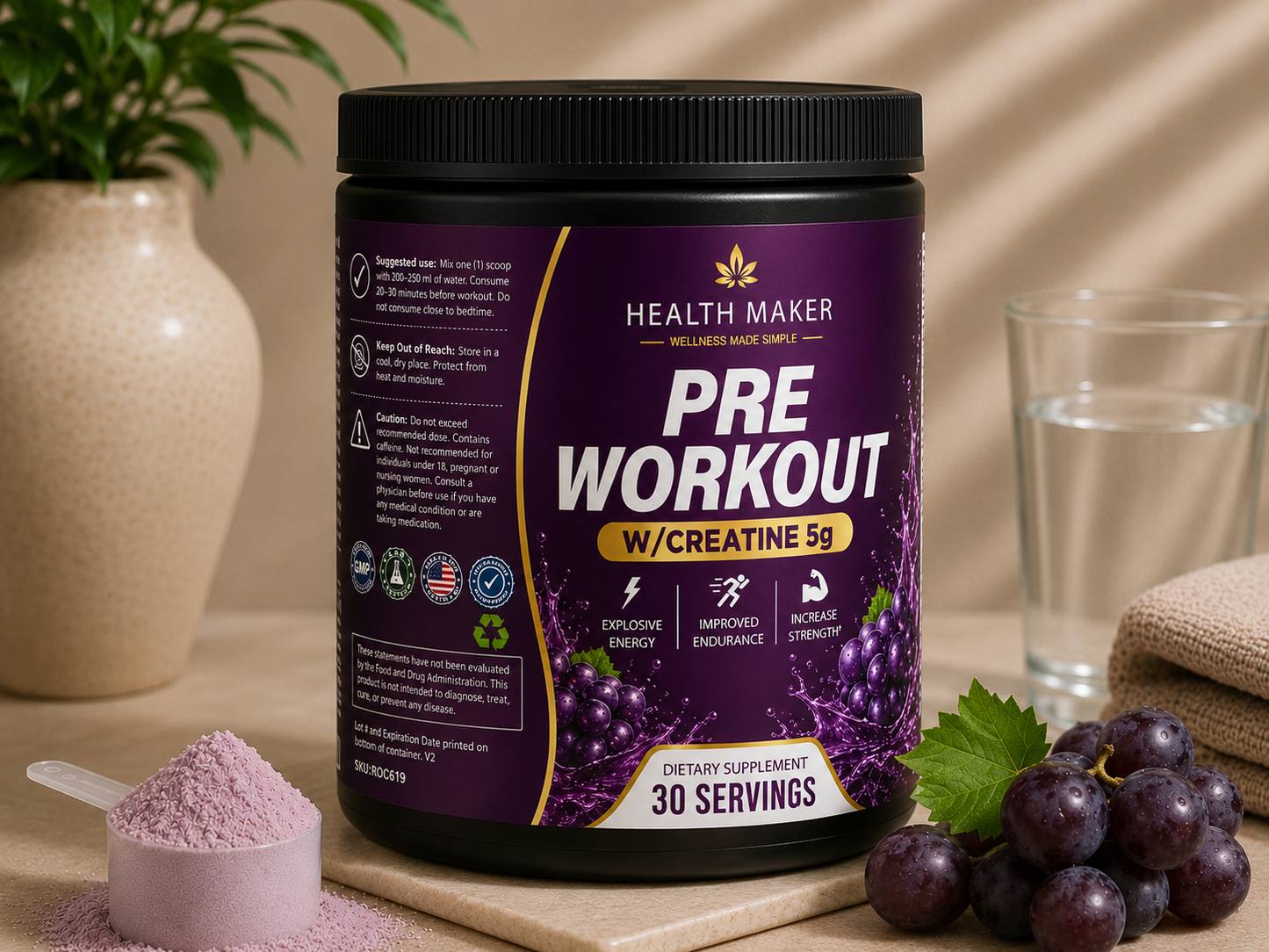 Health Maker Pre-Workout plus Creatine Grape 30 servings container, product detail view