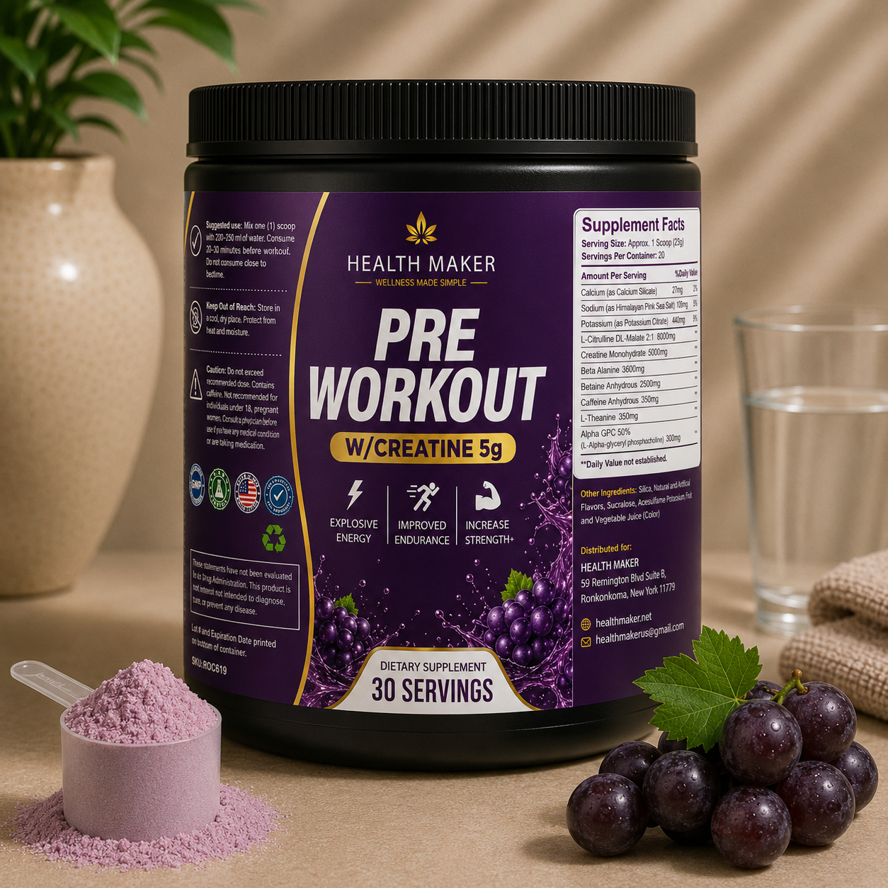 Health Maker Pre-Workout plus Creatine Grape supplement facts and label detail