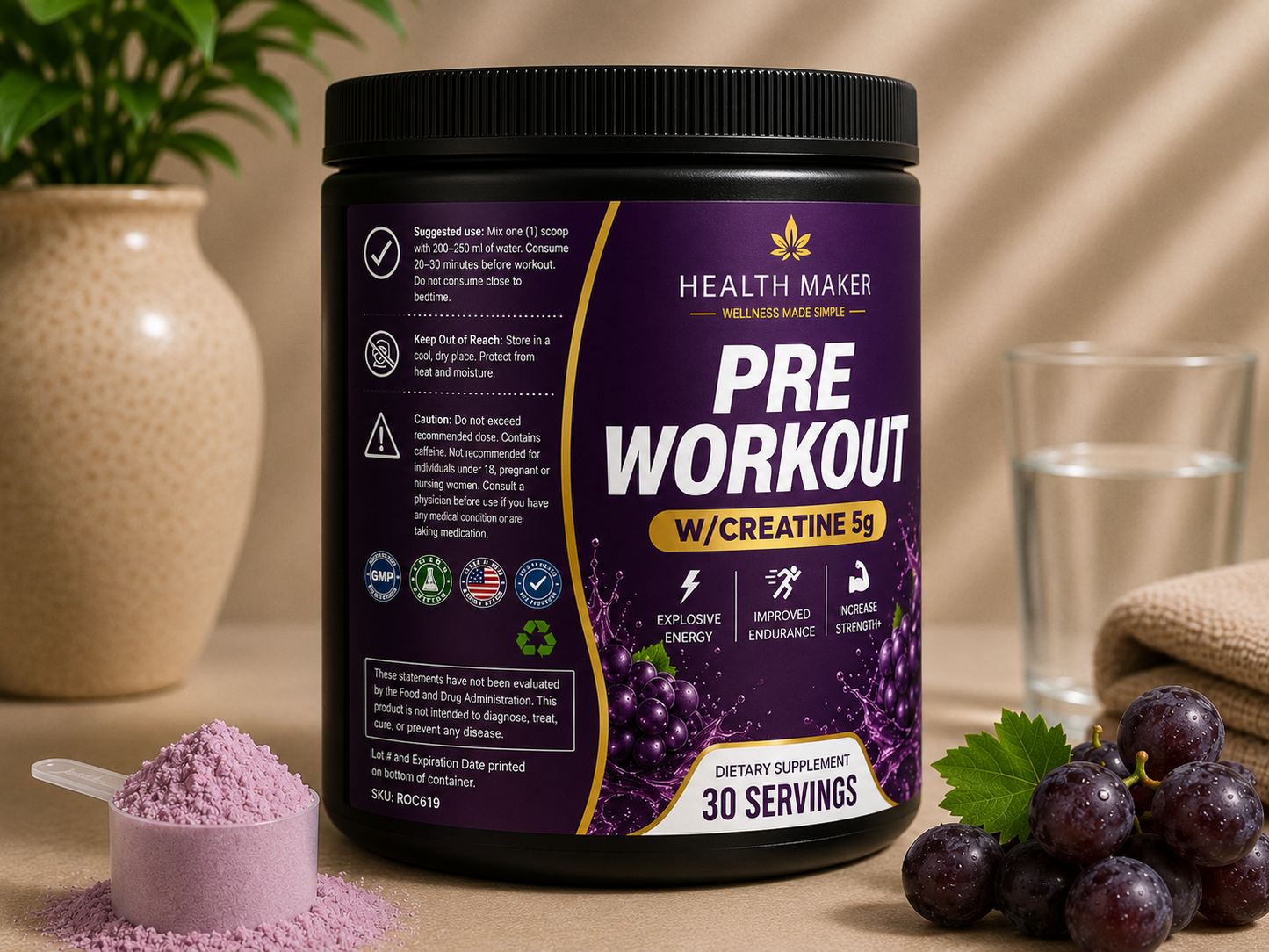 Health Maker Pre-Workout with 5g creatine monohydrate Grape flavor, product view