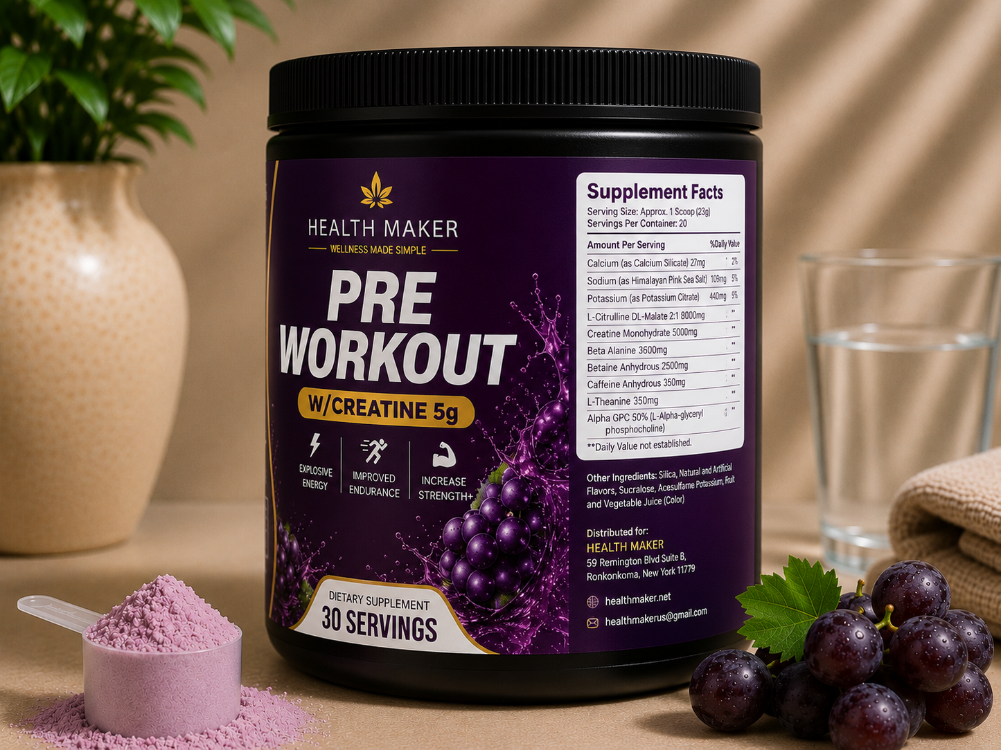 Health Maker Pre-Workout plus Creatine Grape for strength and endurance, alternate angle