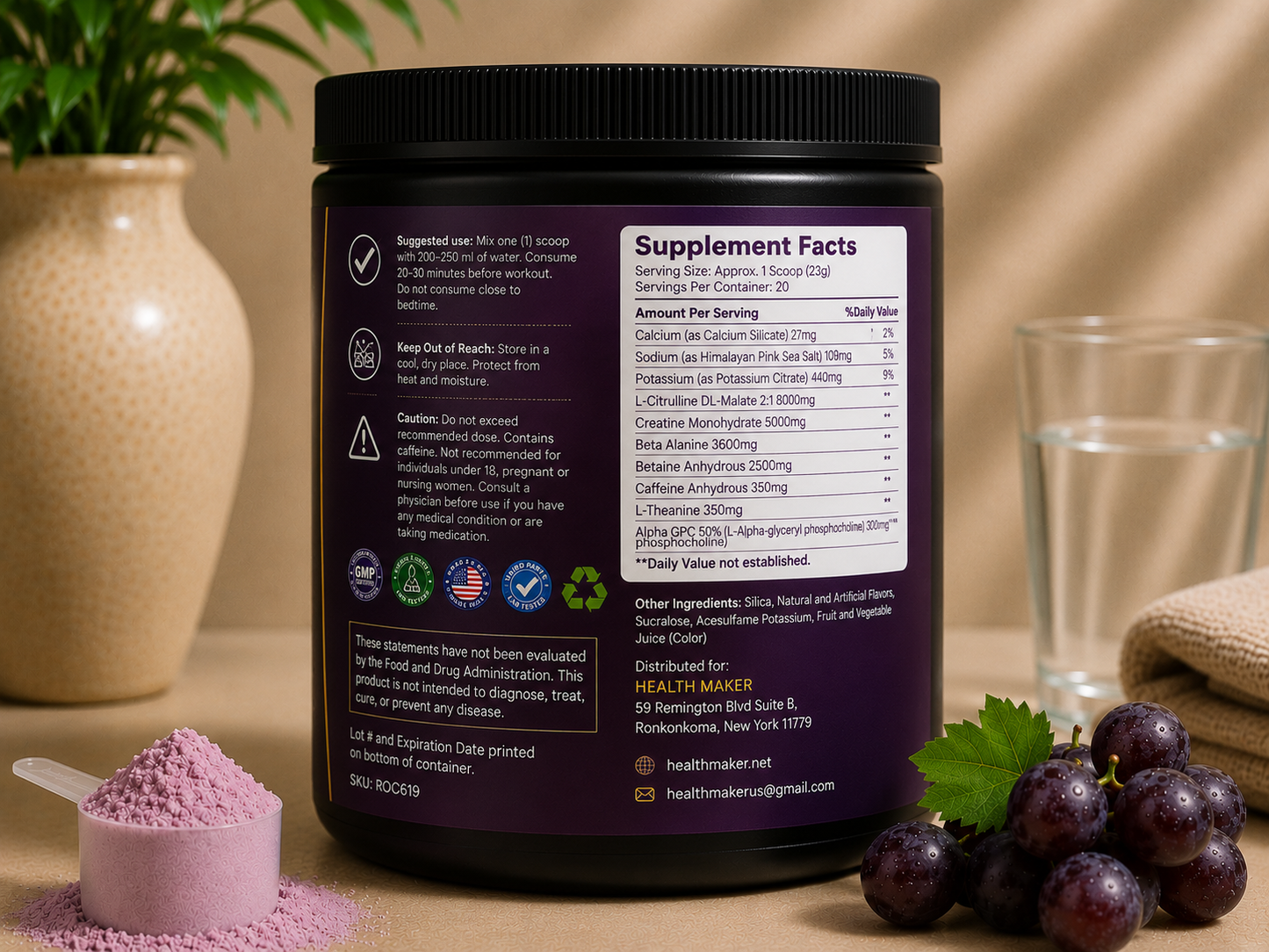 Health Maker Pre-Workout plus Creatine Grape 350mg caffeine formula, product image