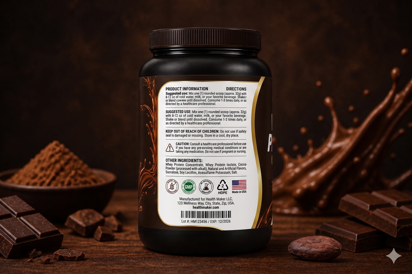 Health Maker Whey Protein Chocolate GMP certified made in USA, product image