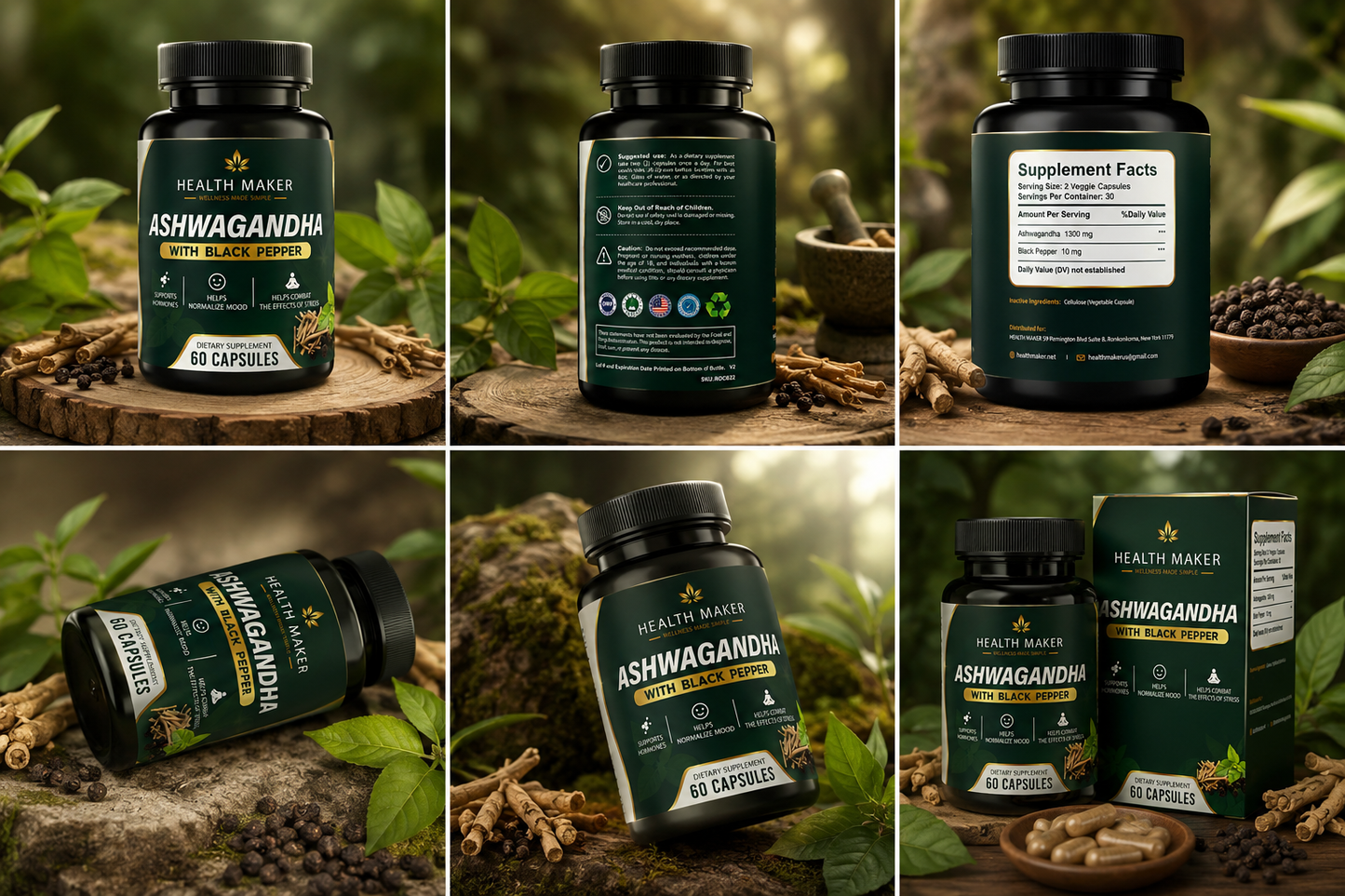 Health Maker Ashwagandha vegan capsules GMP certified made in USA, product photo