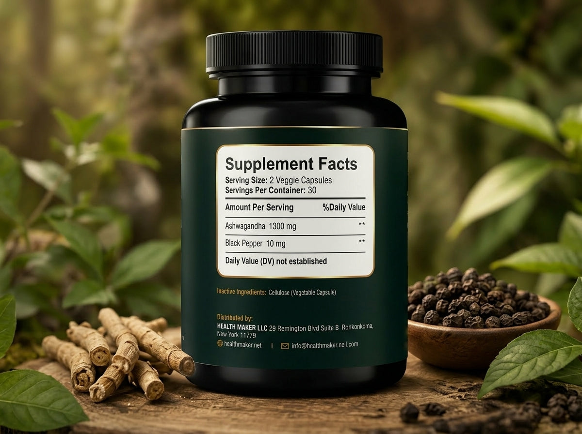 Health Maker Ashwagandha with Black Pepper for stress support, alternate angle