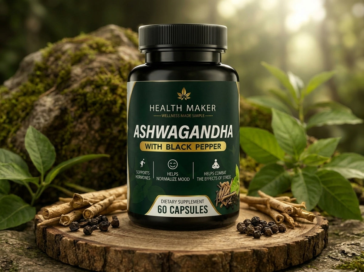 Health Maker Ashwagandha with Black Pepper 60 capsules bottle, product detail view